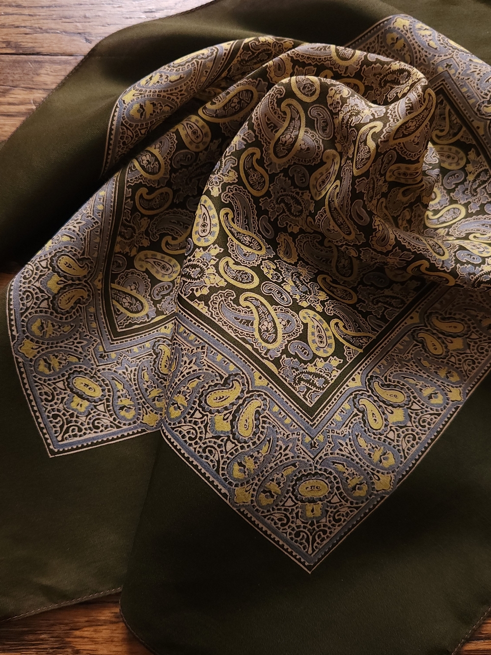 Vintage Olive Green Paisley Silk Pocket Square / Small Scarf Bandana